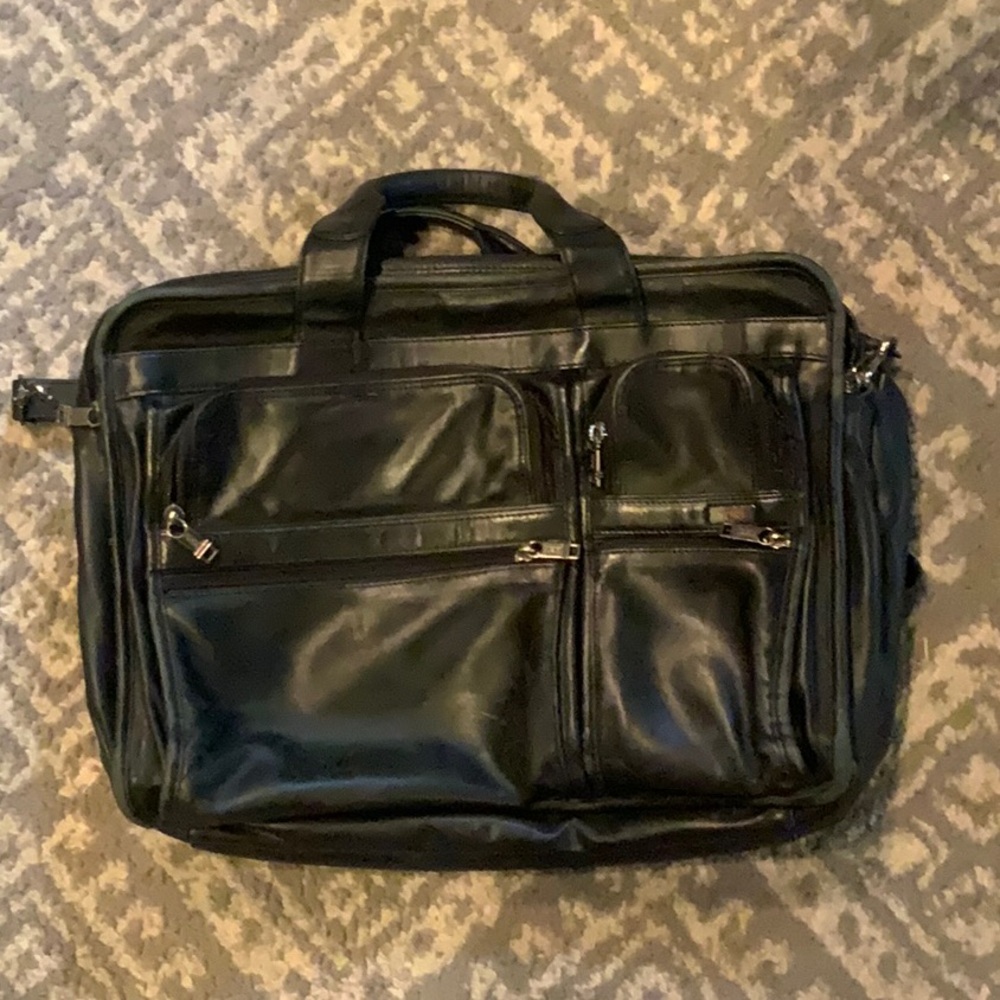 TUMI Alpha Black Leather Expandable Organizer Laptop Briefcase Carryon Bag w tag